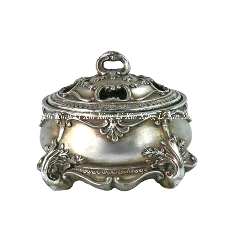 Aged Antique Silver Jewelry Box / Scroll Work Leaf Resin Jewelry Box